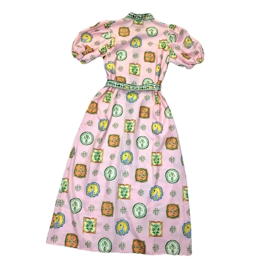 Sunday Up Linen Blend Shirt Dress Women’s Sz S Puff Sleeve Tie Waist Midi - Picture 3 of 11